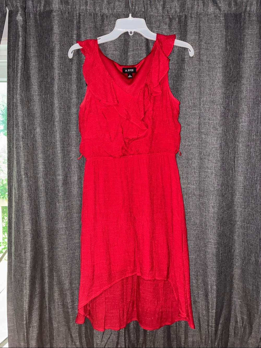 A. Byer Bright Red Sleeveless High-Low Ruffle Dress